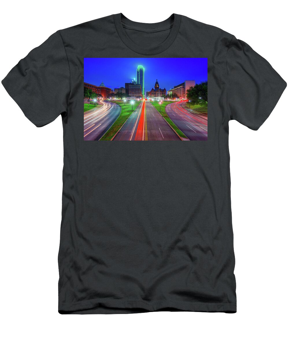 Dallas T-Shirt featuring the photograph Dallas Dealey Plaza Skyline - Texas by Gregory Ballos
