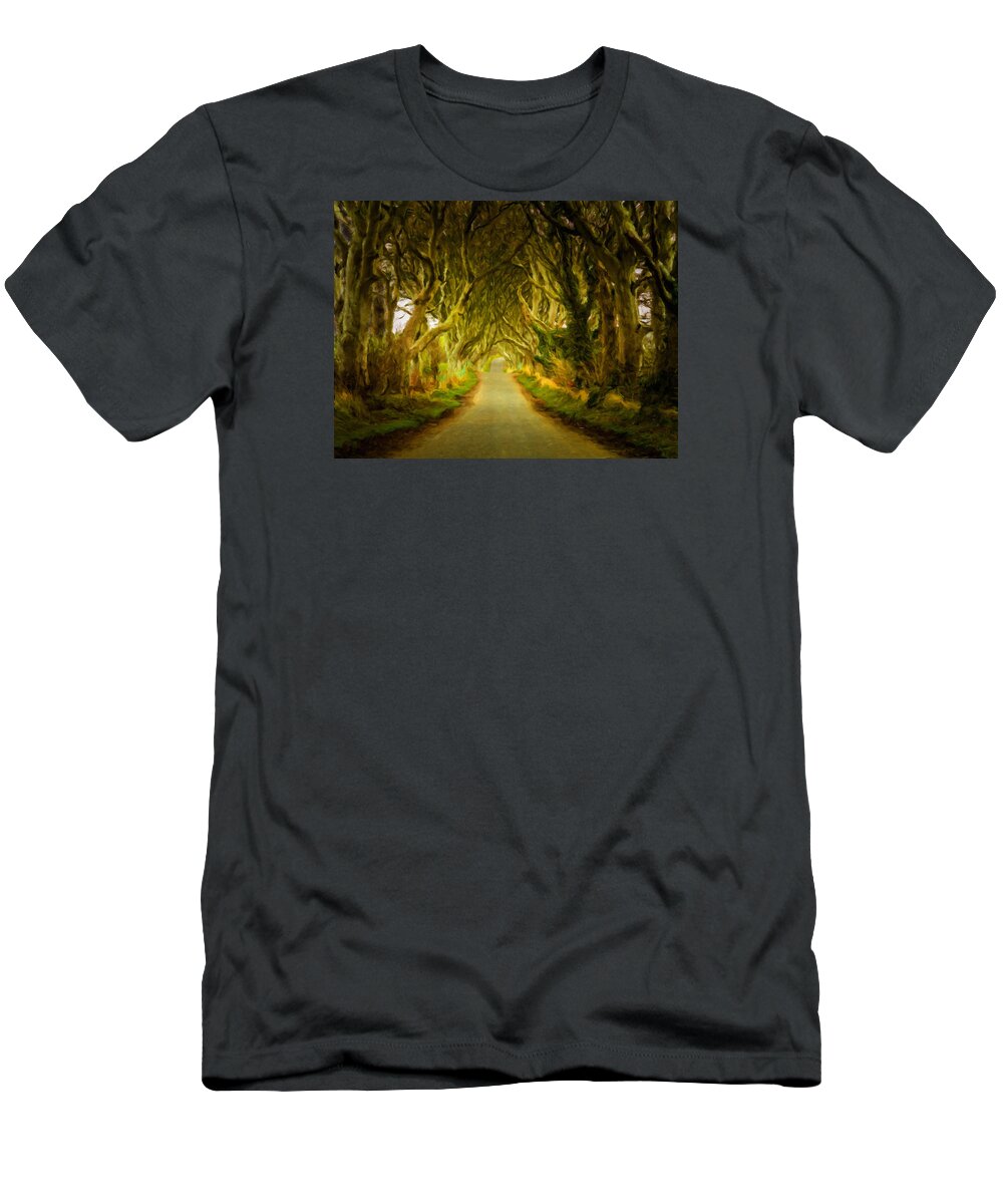 Bregagh Road T-Shirt featuring the photograph Dark Hedges road through old trees in digital oil by Steven Heap