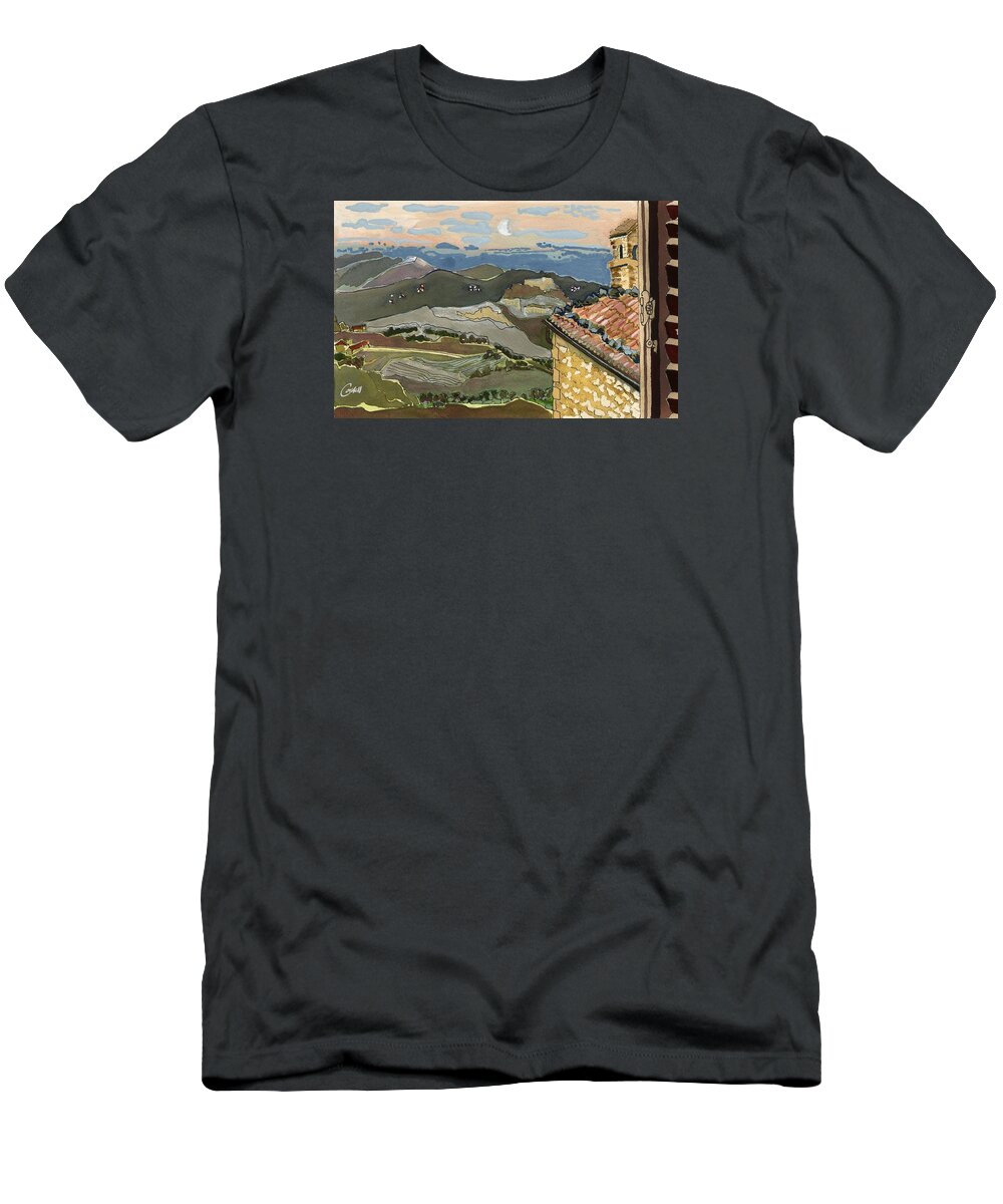 Italian Countryside T-Shirt featuring the painting Daybreak at San Leo, Rimini by Joan Cordell