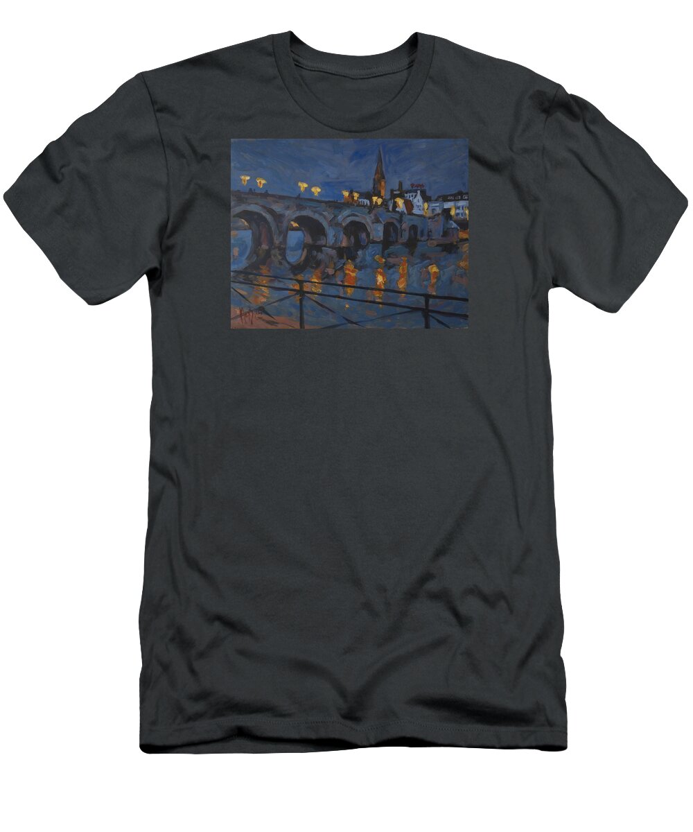 Maastricht T-Shirt featuring the painting December lights old bridge Maastricht acryl by Nop Briex