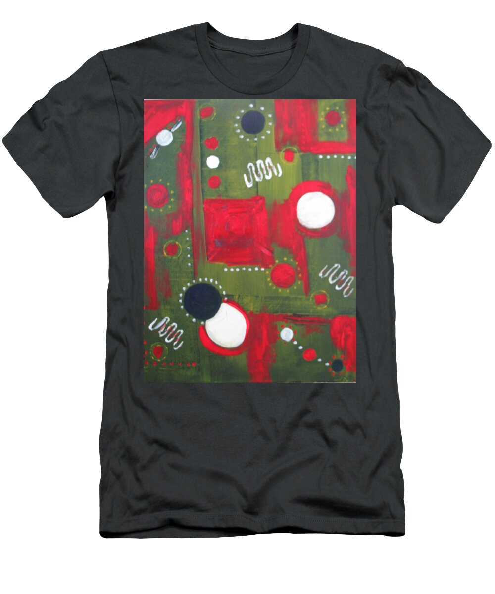 Abstract Bold Solar Planets Galaxy Space Red Navy White Yellow Black Spatial Orbits T-Shirt featuring the painting Deep Solar by Sharyn Winters