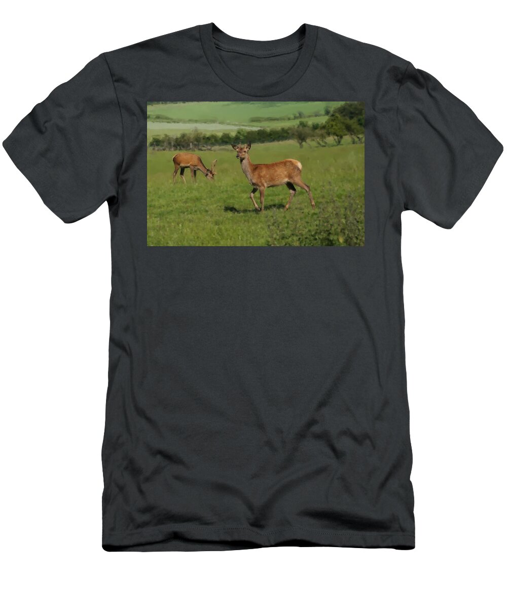 Deer T-Shirt featuring the photograph Deers on a hill pasture. by Elena Perelman