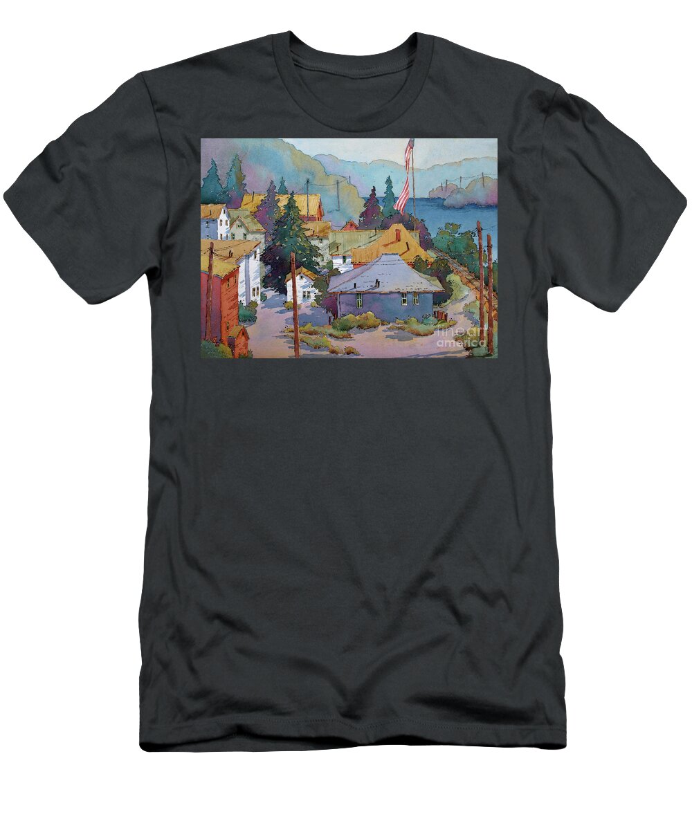 Train T-Shirt featuring the painting Depot by the River by Joyce Hicks