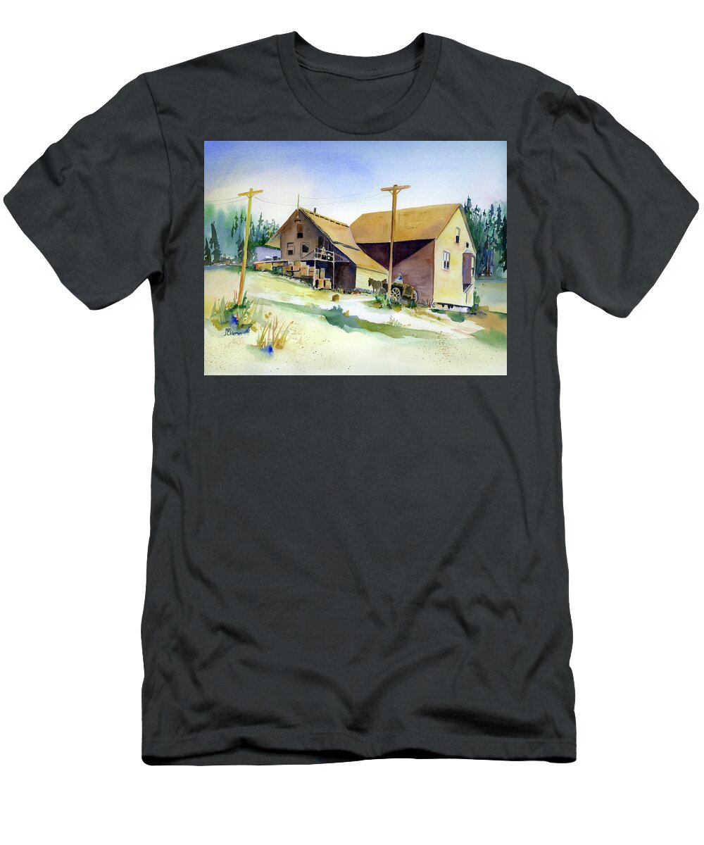 Railroad T-Shirt featuring the painting Depot Hill, Dutch Flat,1910 by Joan Chlarson