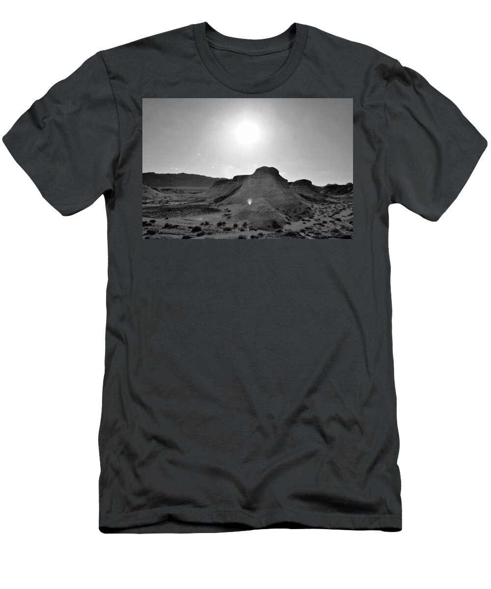 Desert T-Shirt featuring the photograph Desert Rocks Sun Flare Black and White by Matt Quest