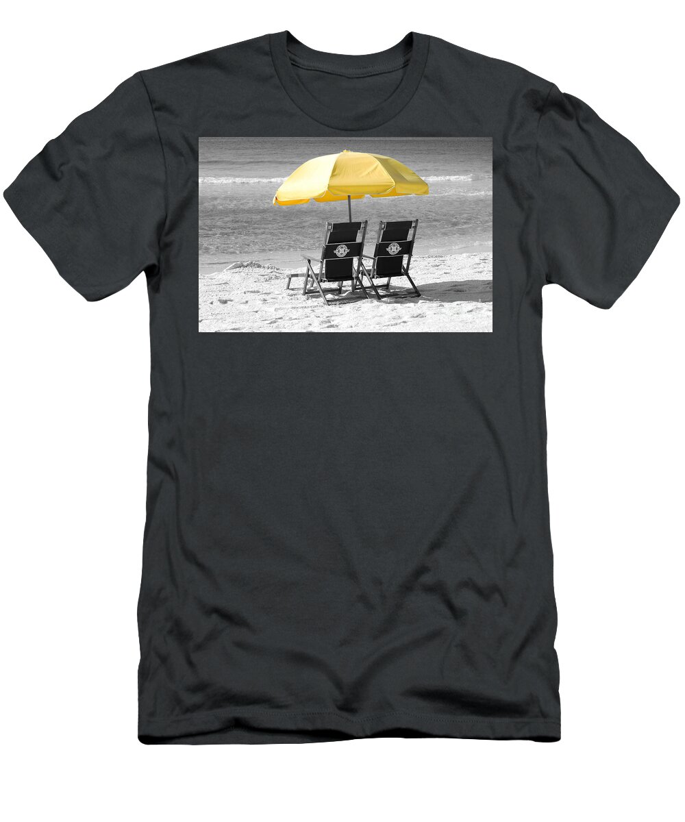 Destin T-Shirt featuring the photograph Destin Florida Beach Chairs and Yellow Umbrella Color Splash Black and White by Shawn O'Brien