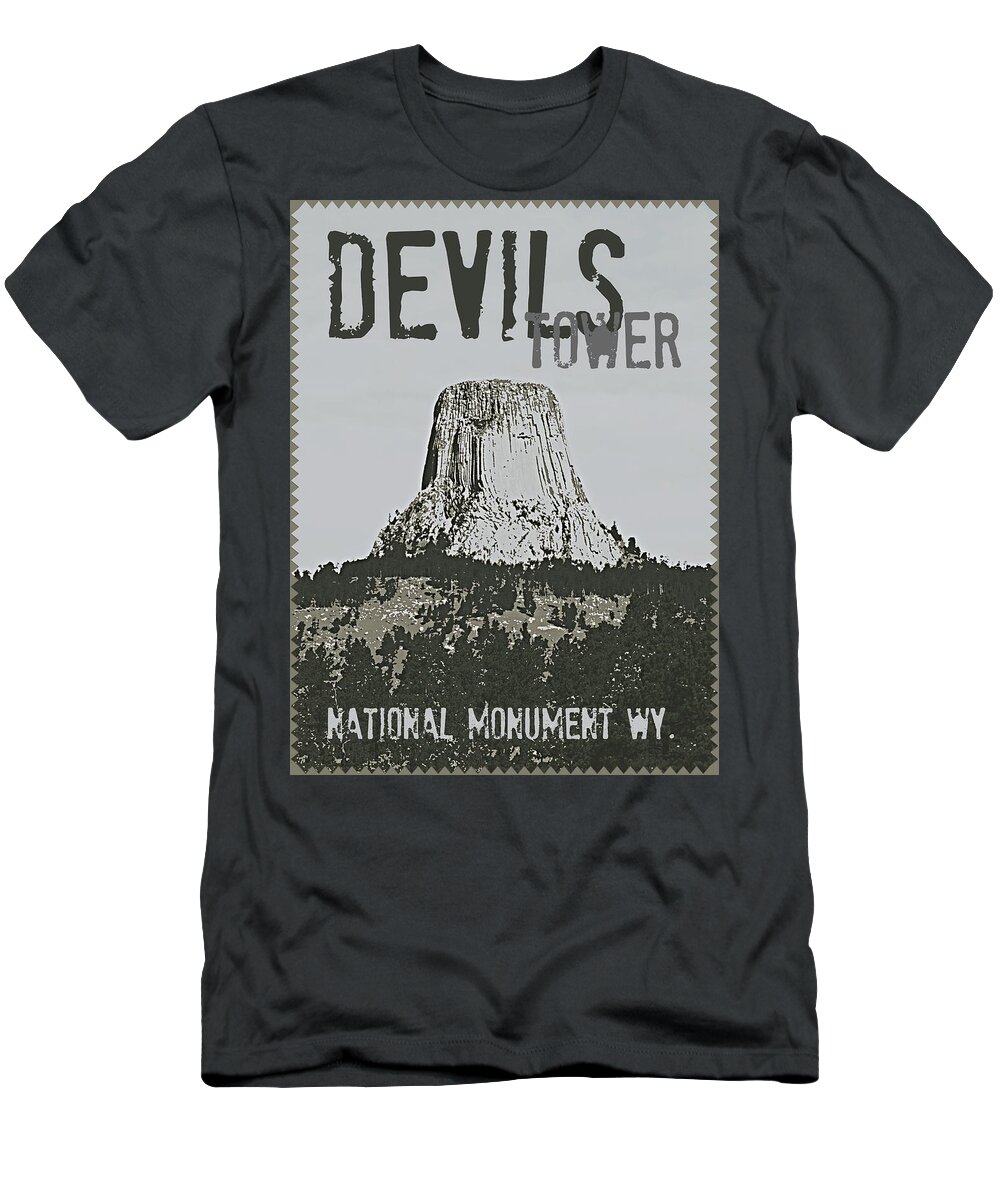 Devilstower T-Shirt featuring the digital art Devils Tower Stamp by Troy Stapek