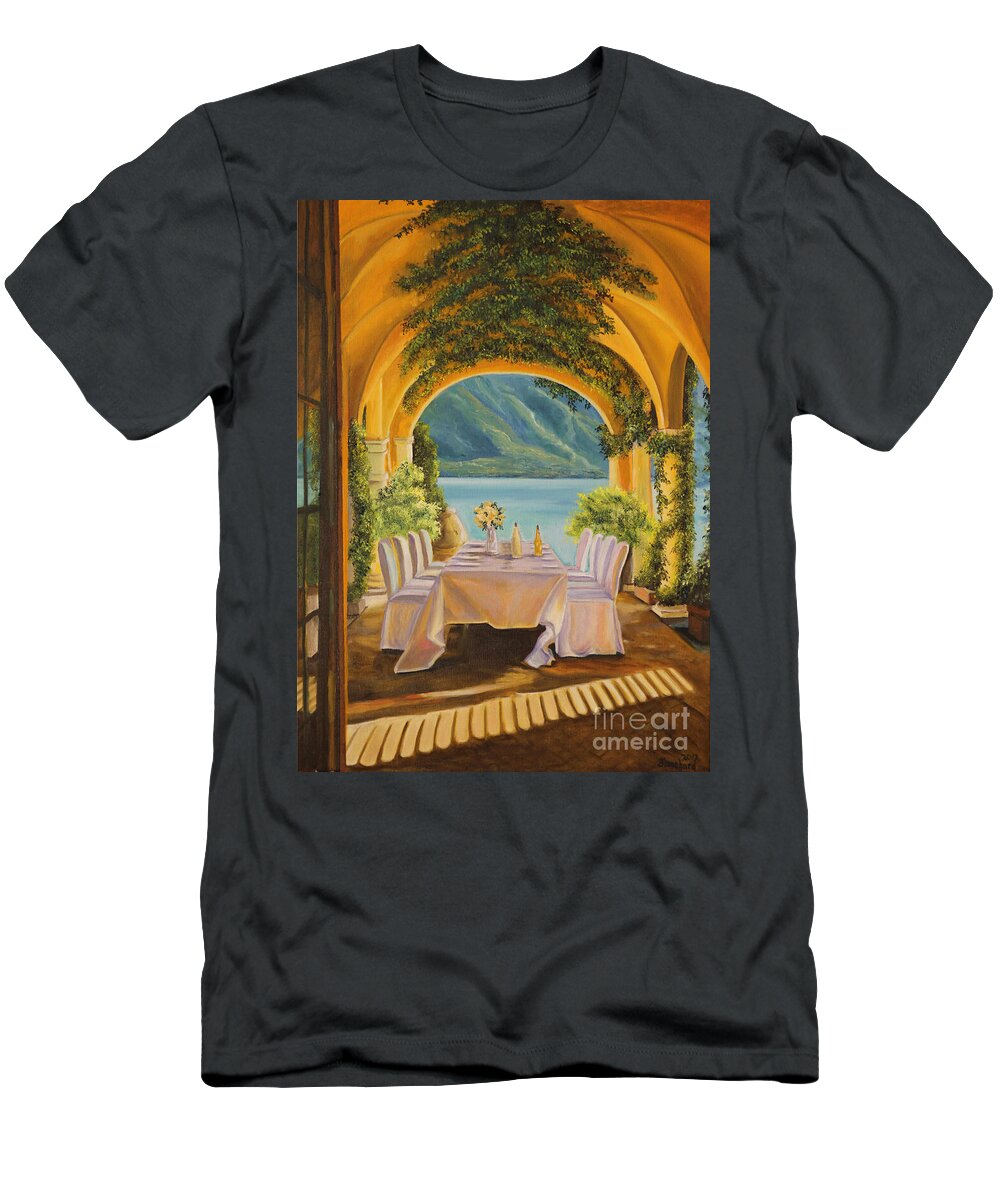 Lake Como Artwork T-Shirt featuring the painting Dining on Lake Como by Charlotte Blanchard