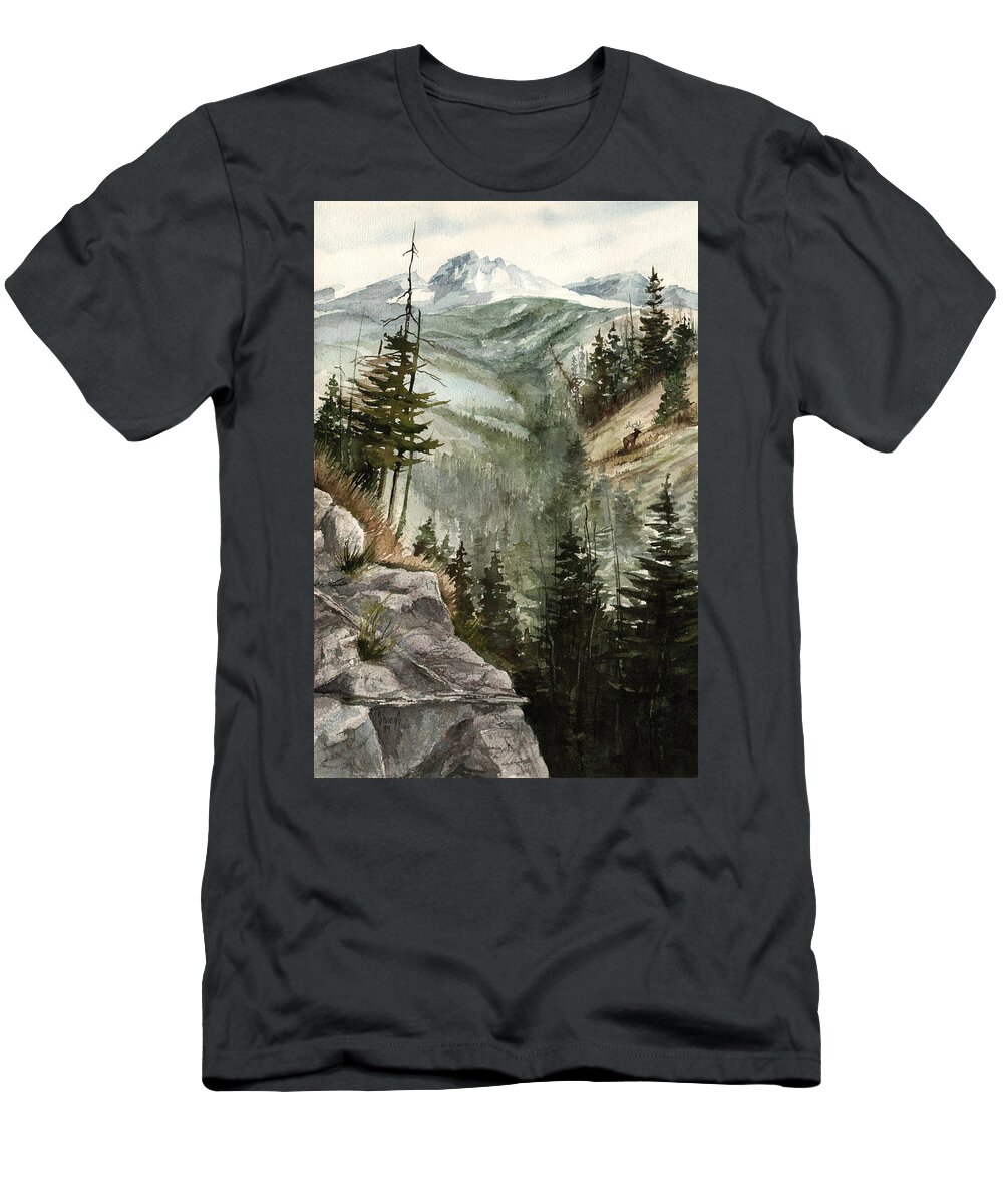 Mountian Elk Landscape Wildlife Trees T-Shirt featuring the painting Distant Dream by Sam Sidders