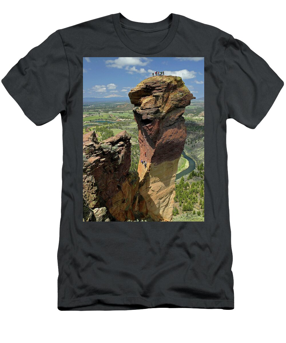 Dm5314 T-Shirt featuring the photograph DM5314 Climbers on Monkey Face Rock OR by Ed Cooper Photography
