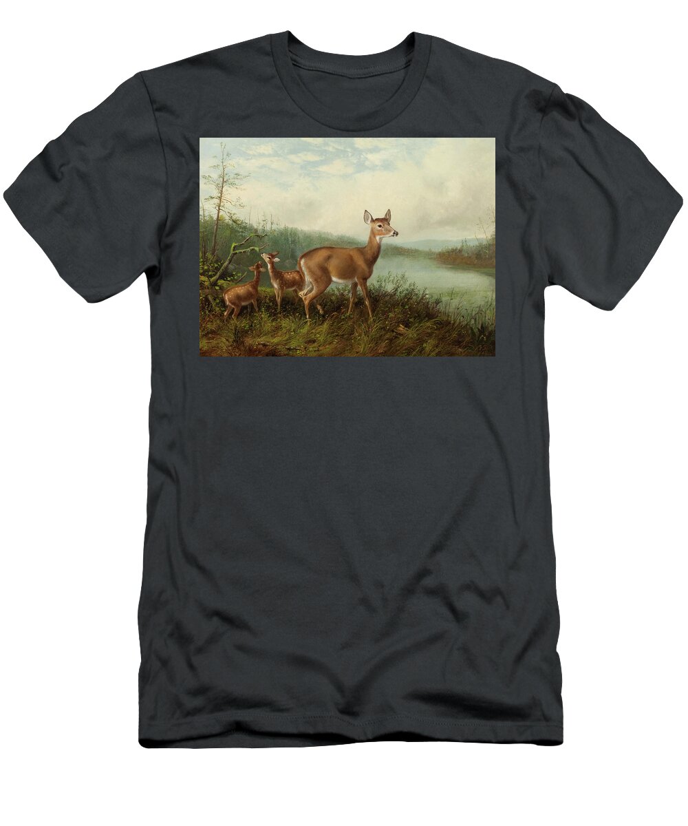 Arthur Fitzwilliam Tait (18191905) Doe And Fawns By Long Lake T-Shirt featuring the painting Doe and Fawns by Long Lake by MotionAge Designs