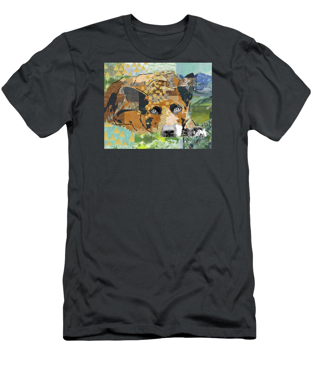 Dog T-Shirt featuring the mixed media Dog Dreaming Collage by Claudia Schoen