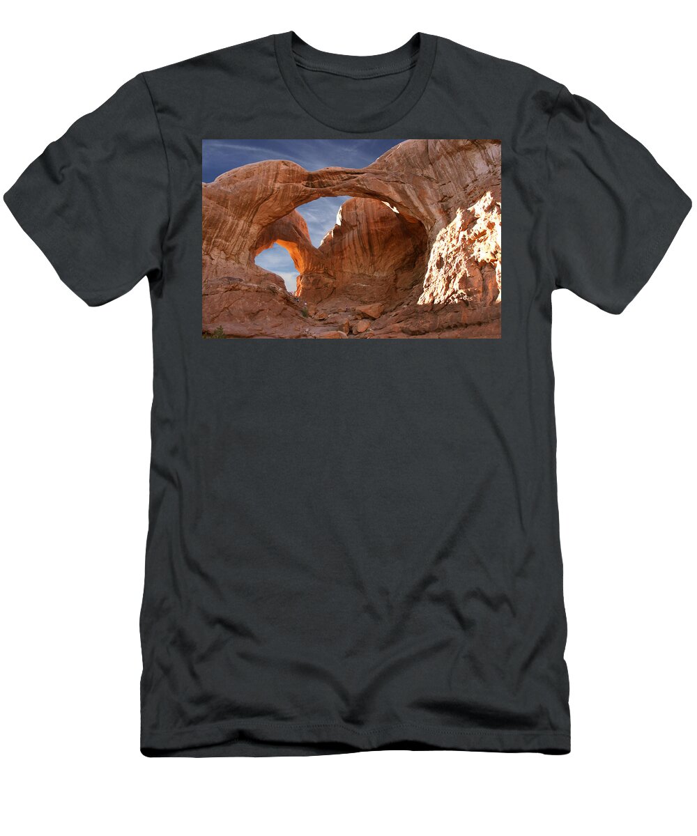 Desert T-Shirt featuring the photograph Double Arch in Late Afternoon by Mike McGlothlen