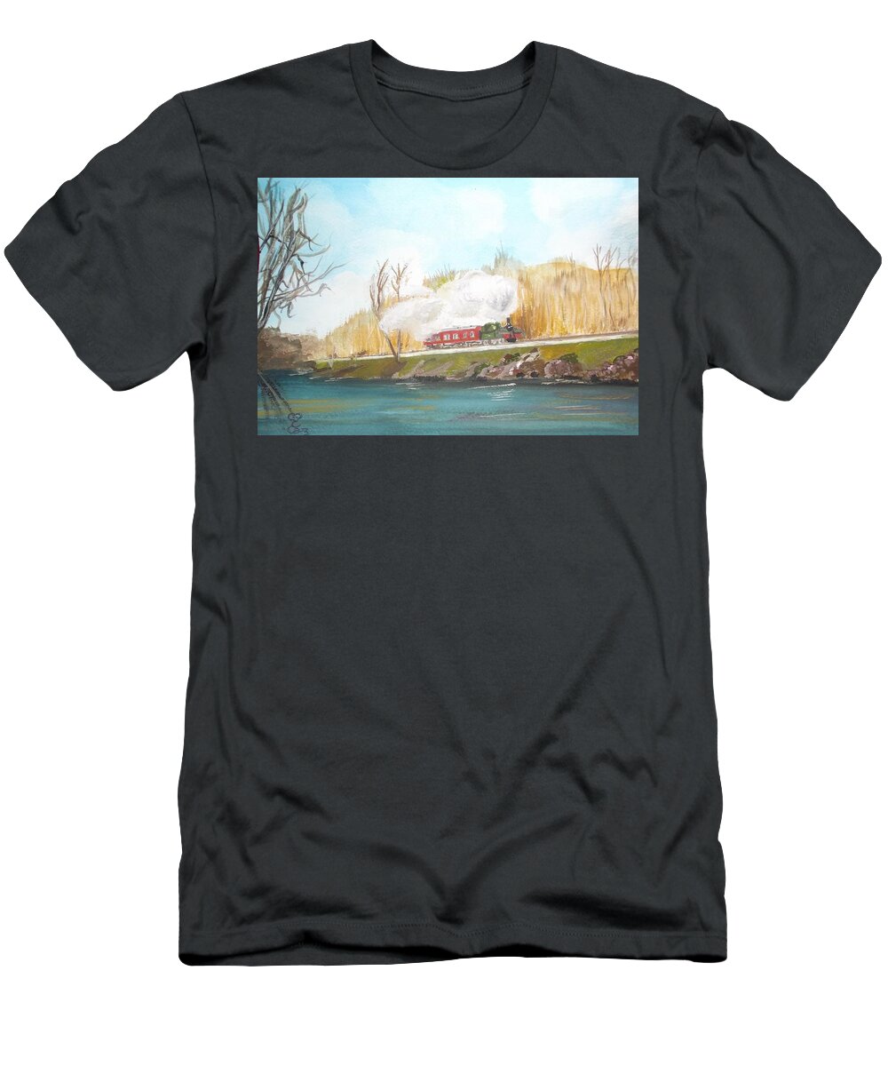 Steam Train T-Shirt featuring the painting Down by the river side by Carole Robins