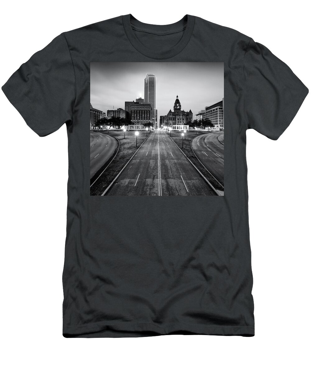 America T-Shirt featuring the photograph Downtown Dallas Texas Black and White Skyline 1x1 by Gregory Ballos