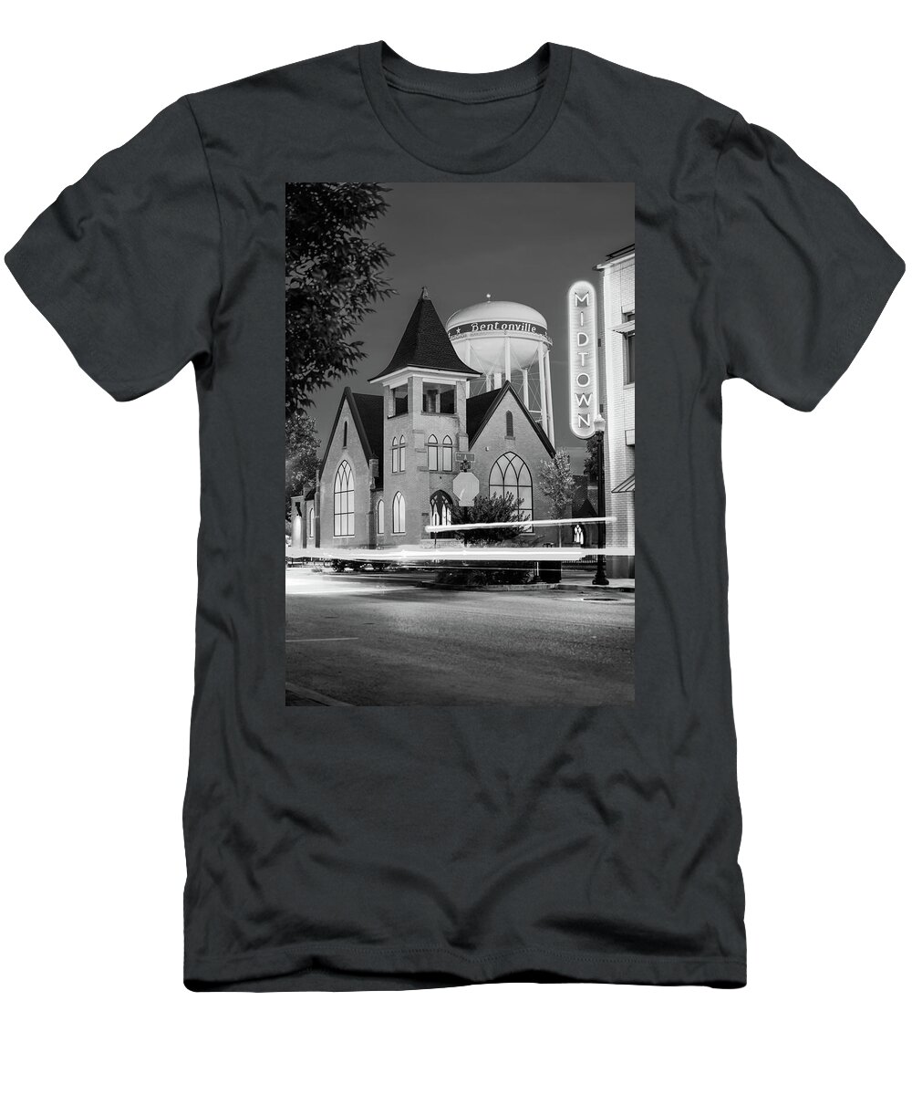 America T-Shirt featuring the photograph Downtown Driving - Bentonville Arkansas Black and White by Gregory Ballos