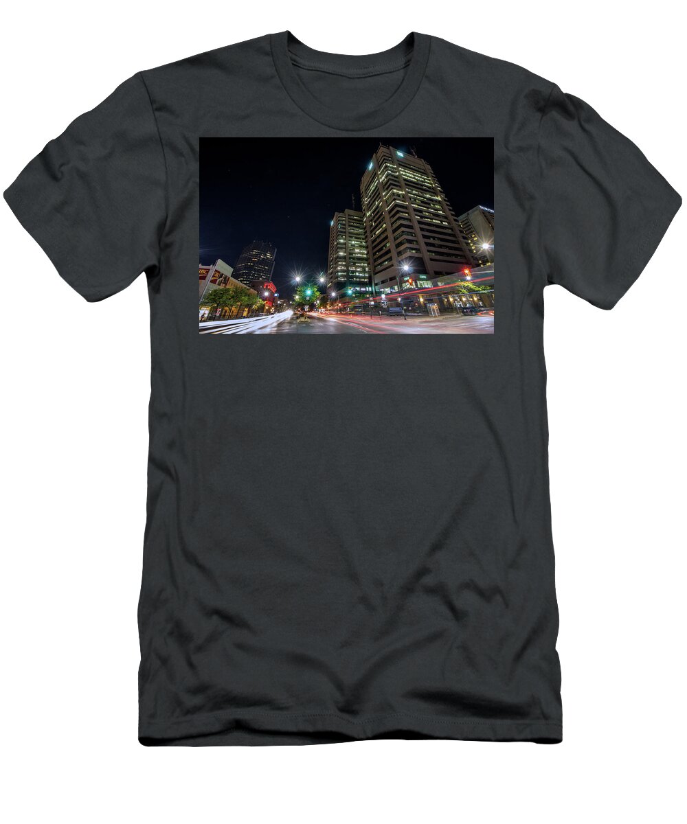 London T-Shirt featuring the photograph Downtown London, Ontario at night by Jay Smith