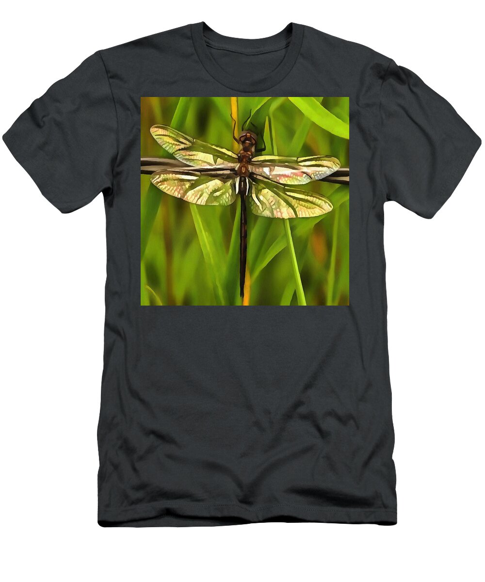 Brown T-Shirt featuring the painting Dragonfly In Brown And Yellow by Taiche Acrylic Art