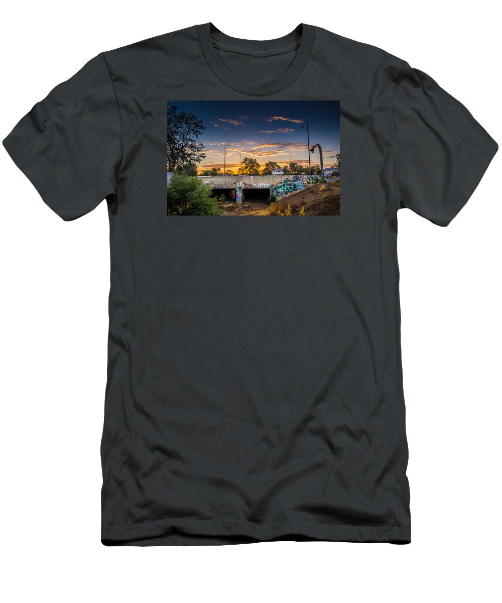 Landscape T-Shirt featuring the photograph Drain_Sunset by Jordan Lia