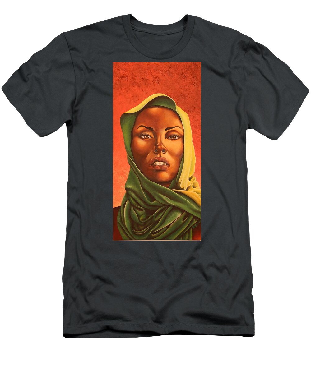 African American Female Portrait Draped In Scarf T-Shirt featuring the painting Dream by William Roby