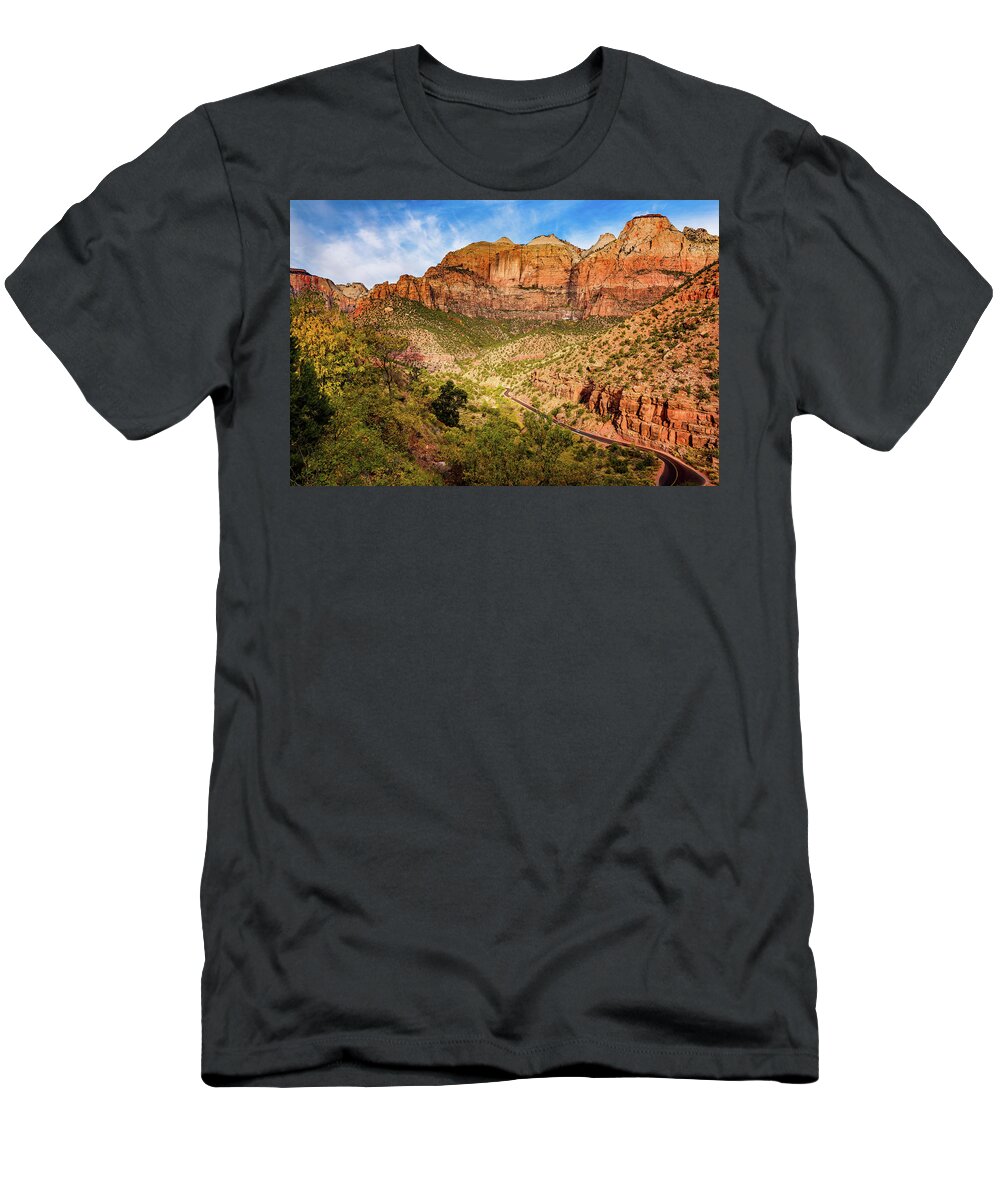 Af Zoom 24-70mm F/2.8g T-Shirt featuring the photograph Driving into Zion by John Hight