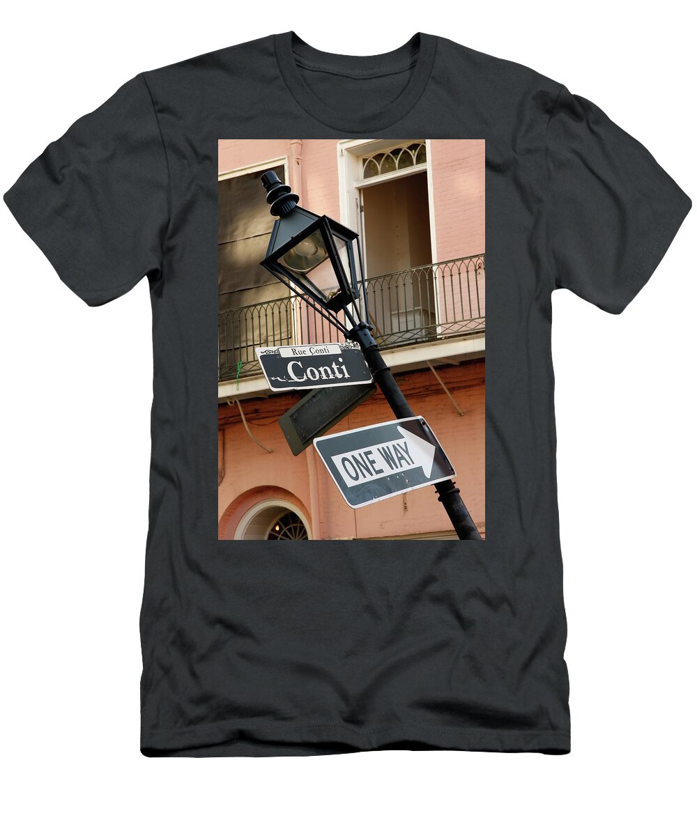 New Orleans T-Shirt featuring the photograph Drunk Street Sign French Quarter by KG Thienemann