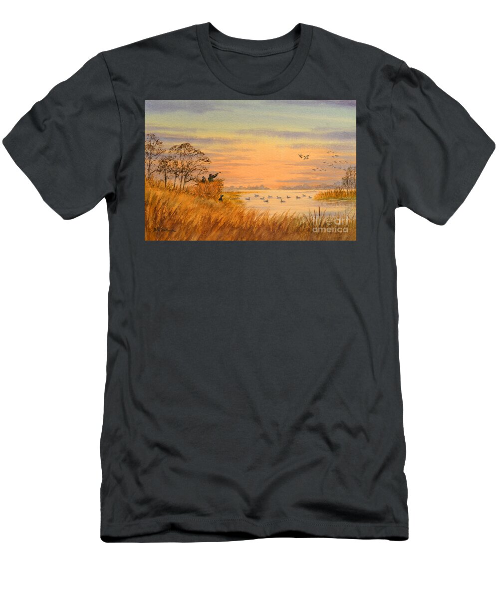 Duck Hunting T-Shirt featuring the painting Duck Hunting Calls by Bill Holkham