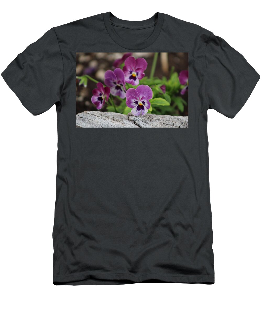 Rustic Wood T-Shirt featuring the photograph Duo Tone Purple Pansies and Rustic Wood by Colleen Cornelius