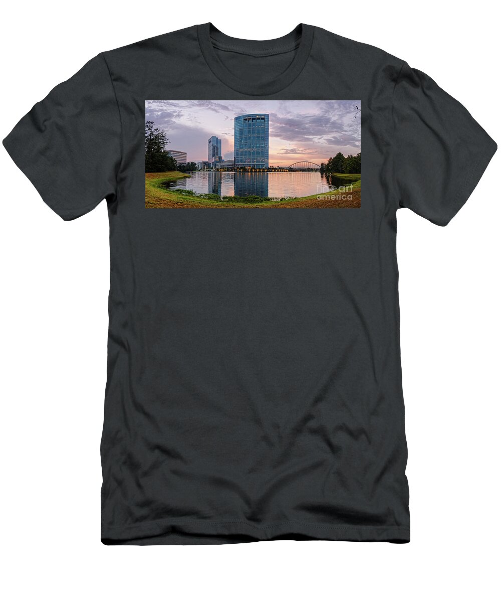 Houston T-Shirt featuring the photograph Dusk Panorama of The Woodlands Waterway and Anadarko Petroleum Towers - The Woodlands Texas by Silvio Ligutti