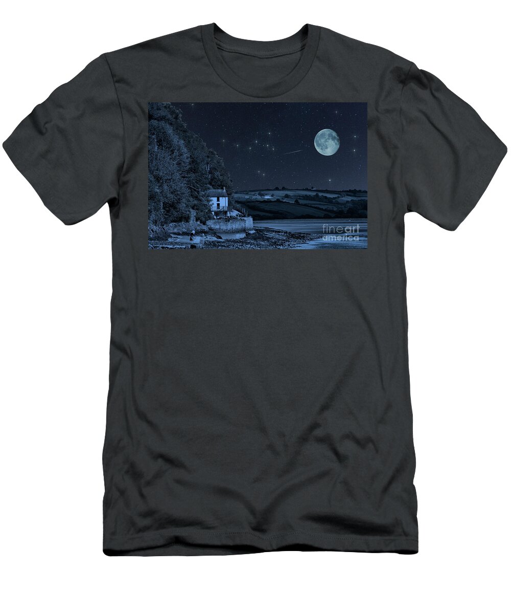 The Boathouse Laugharne T-Shirt featuring the photograph Dylan Thomas Boathouse Stars And Moon by Steve Purnell