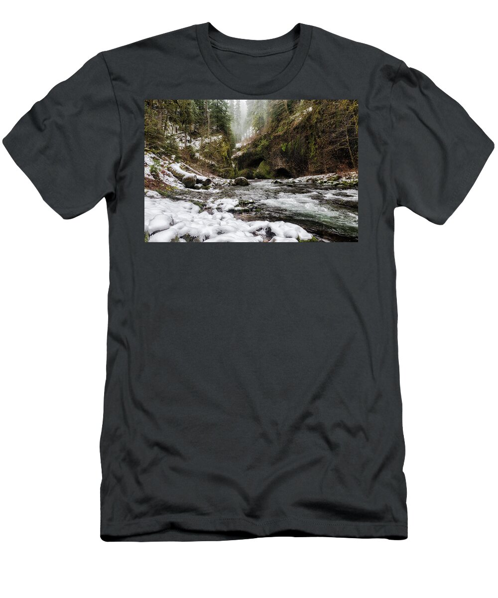 Eagle Creek Trail T-Shirt featuring the photograph Eagle Creek Trail in Winter by Belinda Greb