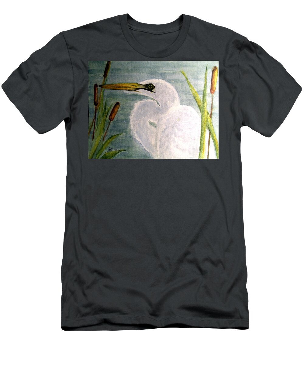 Egret T-Shirt featuring the painting Egret in the Cattails by Carol Grimes