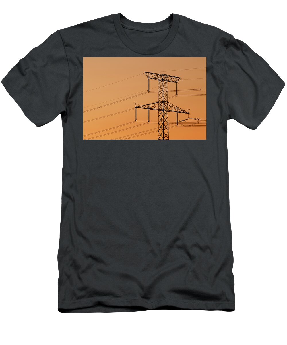 Power T-Shirt featuring the photograph Electricity pylon at sunset by Jaroslav Frank
