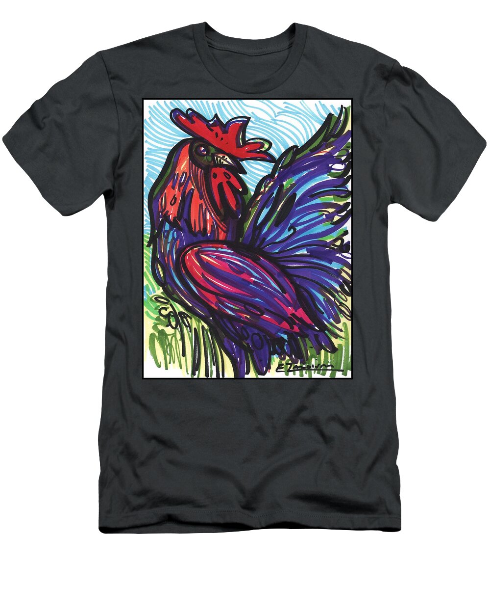 Rooster T-Shirt featuring the drawing Elegant rooster by Enrique Zaldivar