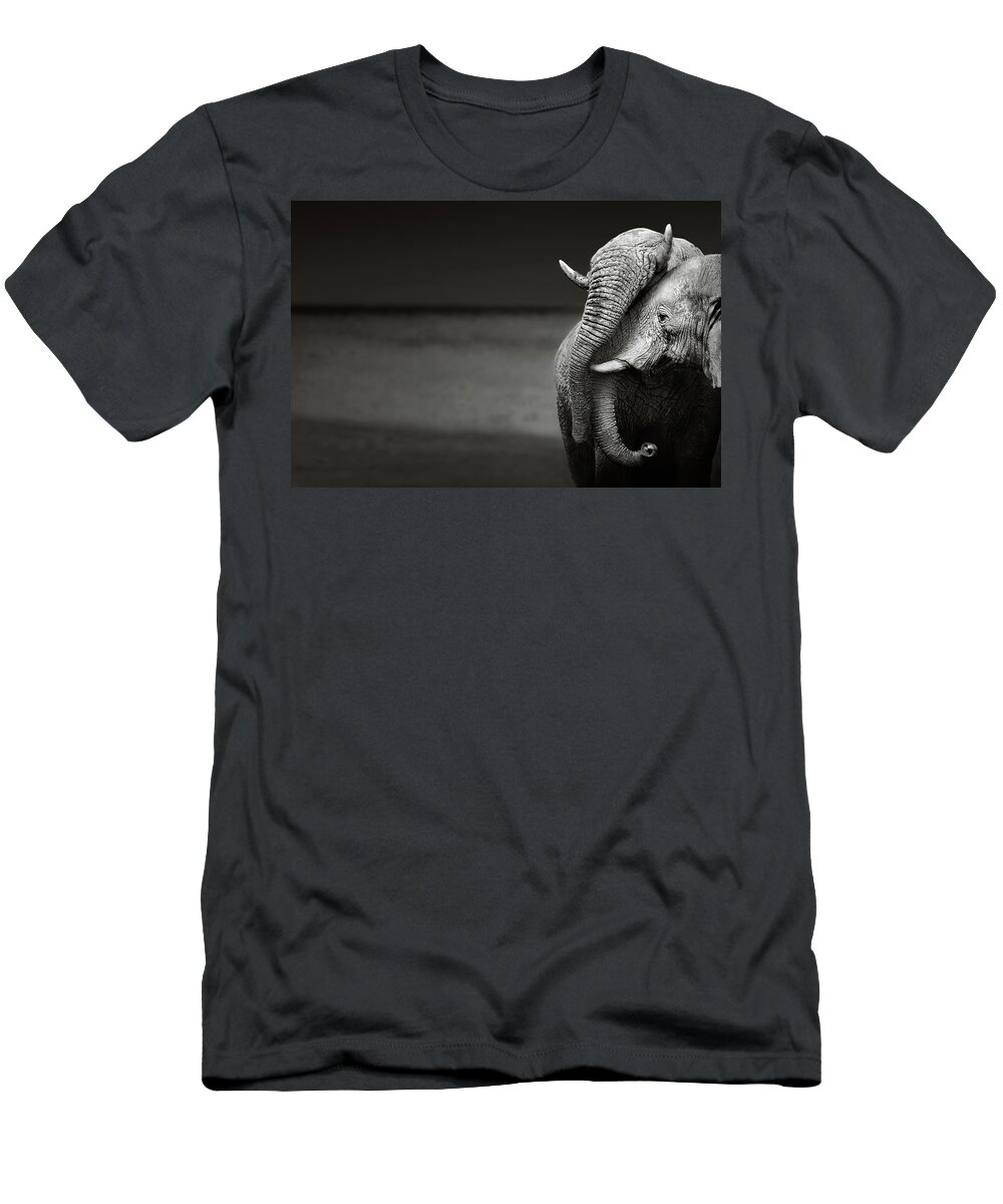 Elephant; Interaction; Touch; Trunk; Communicate; Head; Two; Behavior; Africa; Black; White; Monochrome; Art; Artistic; Loxodonta; Africana; Compassion; Affection; Animal; Mammal; Desert; Etosha; Nobody; Safari; Togetherness; Together; Wild; Wilderness; Wildlife T-Shirt featuring the photograph Elephants interacting by Johan Swanepoel