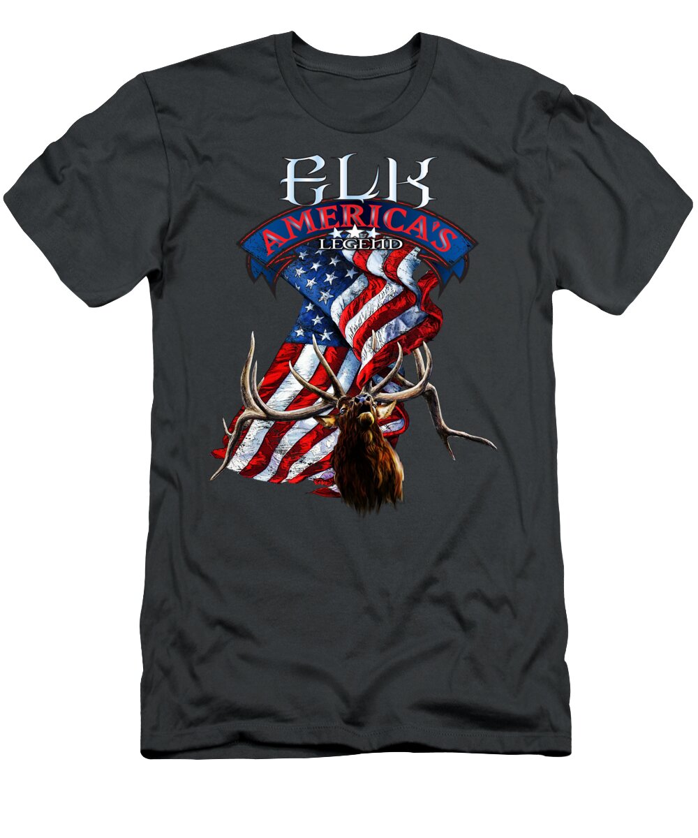 Elk T-Shirt featuring the drawing Elk America's Legend v2 by Robert Corsetti