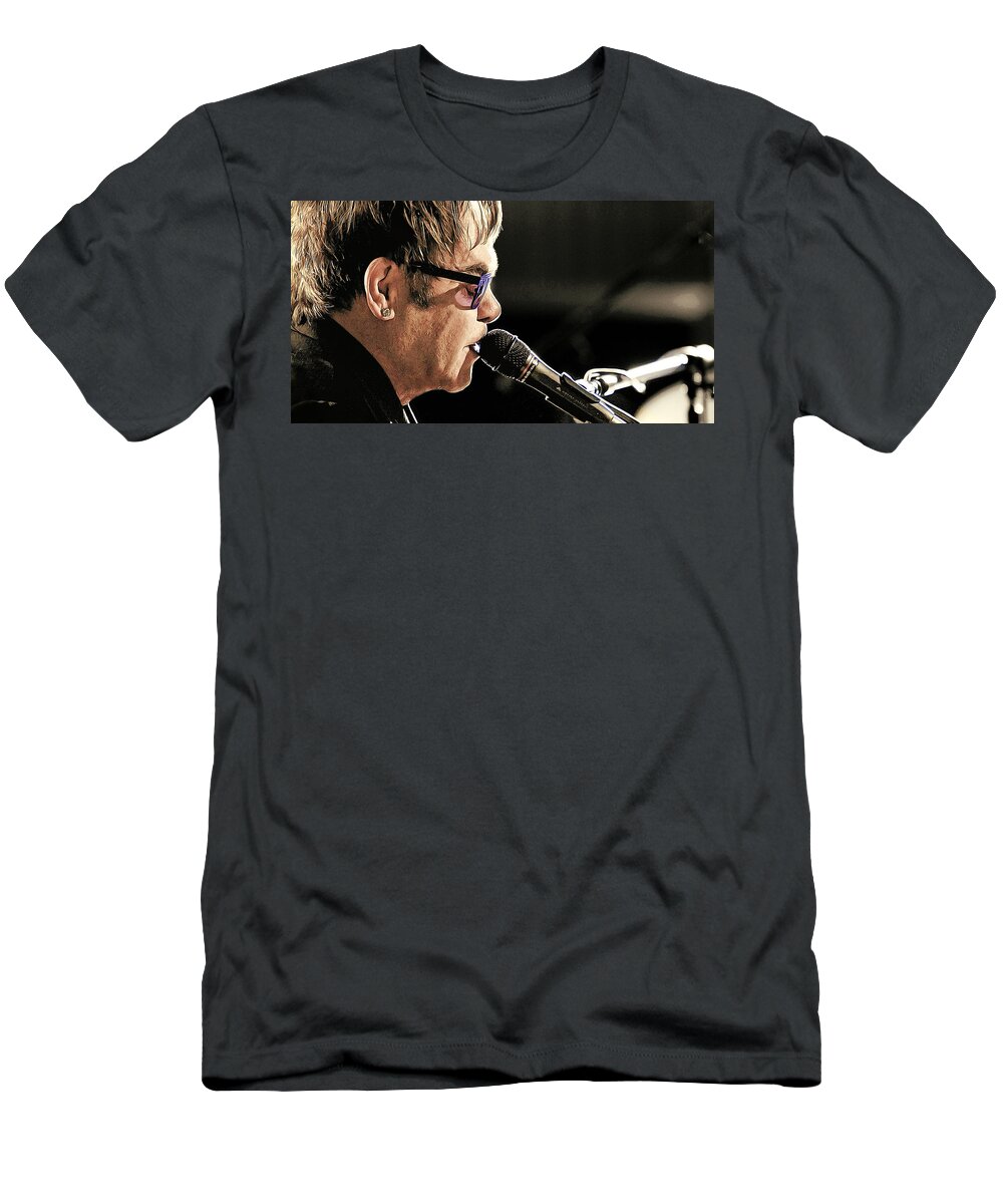 Music T-Shirt featuring the painting Elton John at the Mic by Elaine Plesser