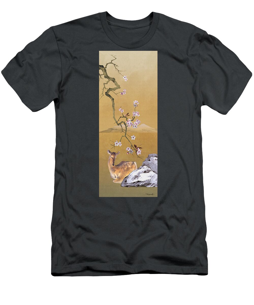 Deer; Doe; Cherry Tree; Blossoms; Cherry Blossoms; Asian; Eastern Art; Spadecaller; Digitial Art; Digital Painting; Fine Art T-Shirt featuring the digital art Enchanted Doe by M Spadecaller