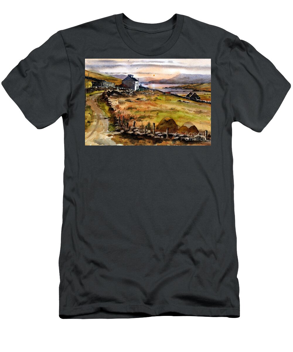 Wild Atlantic Way Galway T-Shirt featuring the painting End of the road, Inishboffin. Galway by Val Byrne