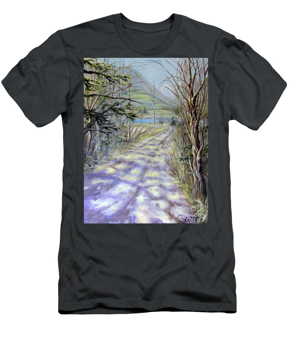 Estuary Sky Water Trees Bushes Branches Evergreens Mountains Road Path Landscape River Grasses Yellow Brown Green Blue White Purple Orange Sunlight Shade Shadows T-Shirt featuring the painting End Of Winter by Ida Eriksen
