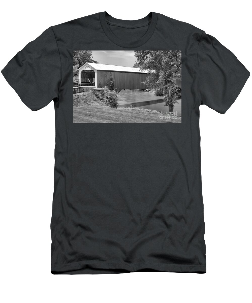 Eugene Covered Bridge T-Shirt featuring the photograph Eugene Covered Bridge Landscape Black And White by Adam Jewell