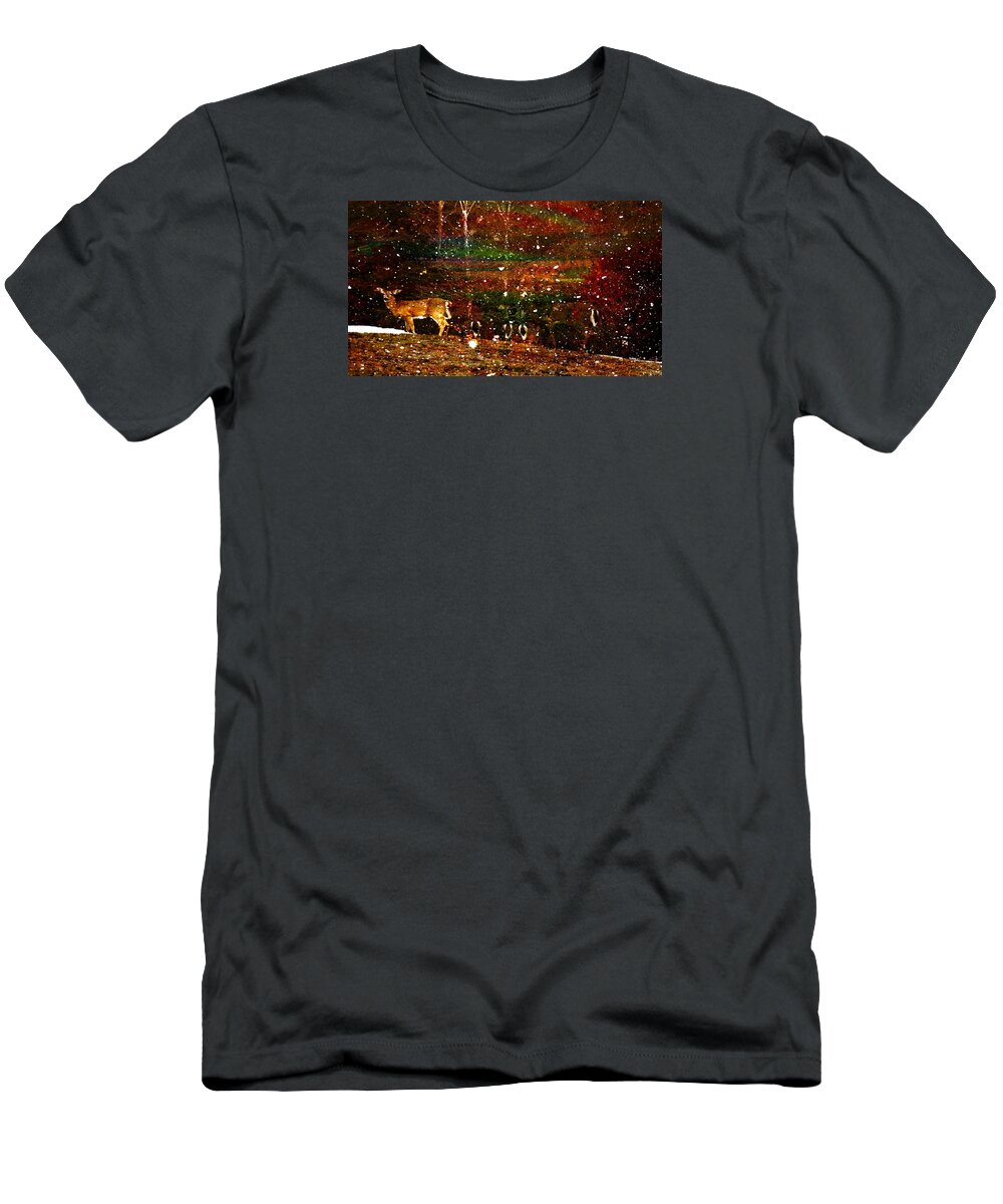 Euphoric Nighttime New England Whitetails Snow Coming T-Shirt featuring the photograph Euphoric Nighttime New England Whitetails Snow Coming by Mike Breau