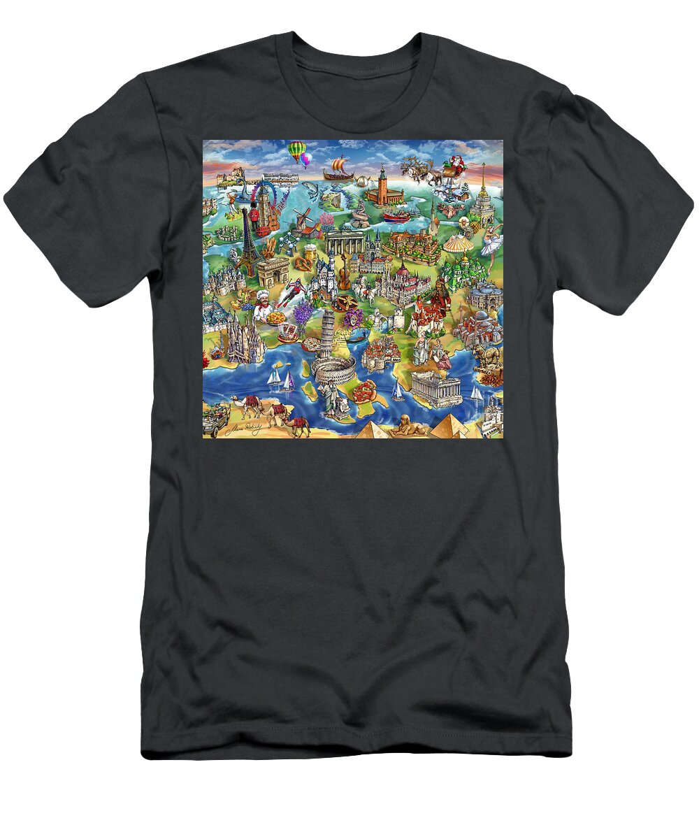 Europe T-Shirt featuring the painting European World Wonders Illustrated Map by Maria Rabinky