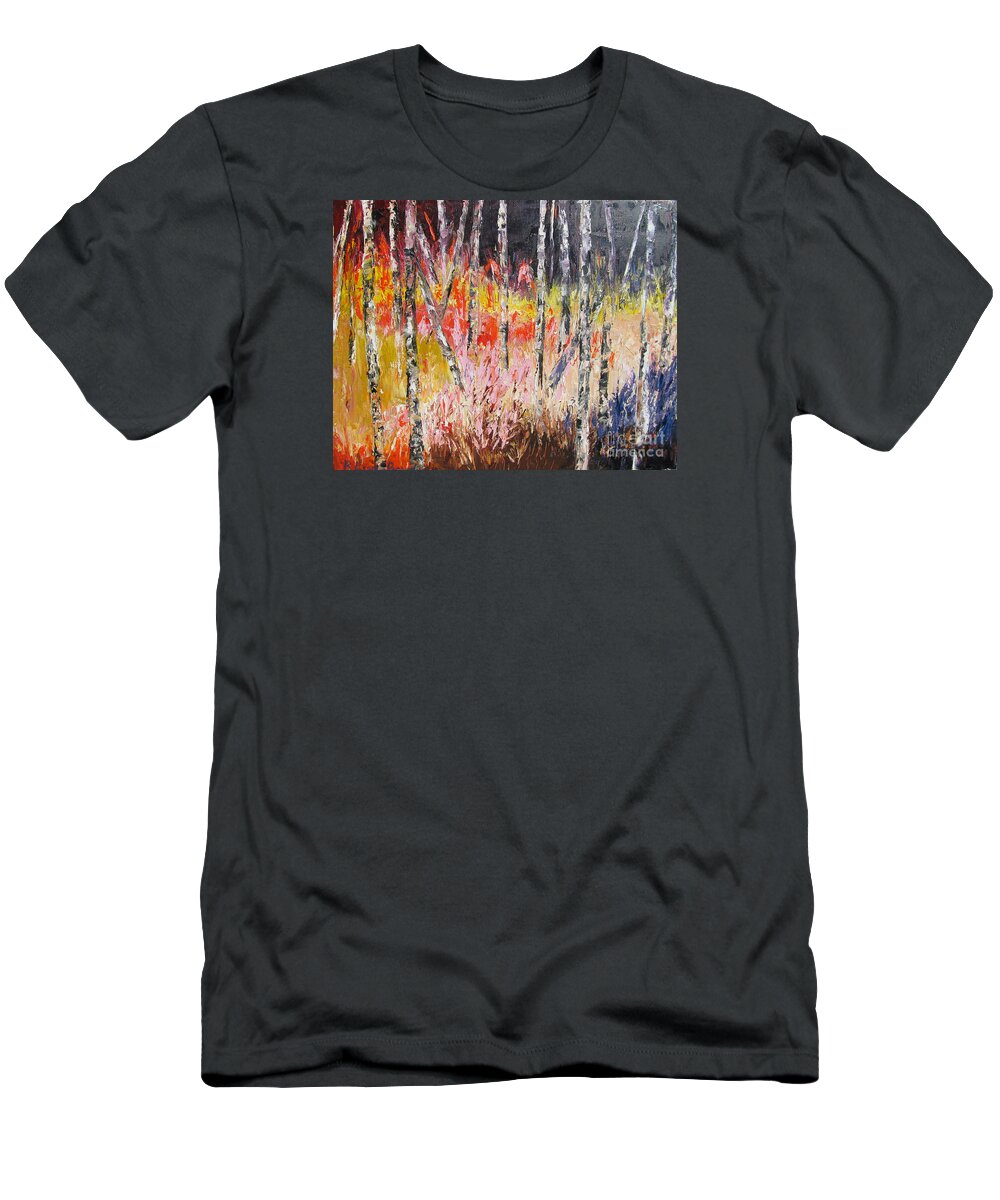 Evening Landscape T-Shirt featuring the painting Evening in the Woods Pallet Knife Painting by Lisa Boyd