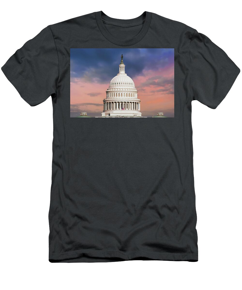 Usa T-Shirt featuring the photograph Evening Skies Over Congress - United States Capitol Building - Washington D.C. by Gregory Ballos