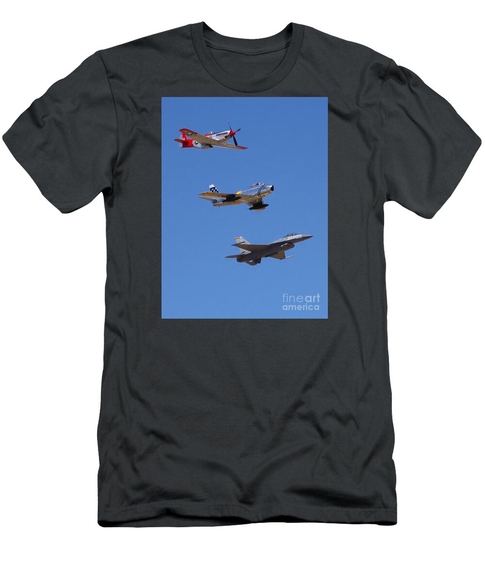 Images T-Shirt featuring the photograph F-16 P-51D F-86 Heritage Flight- flyby by Rick Bures