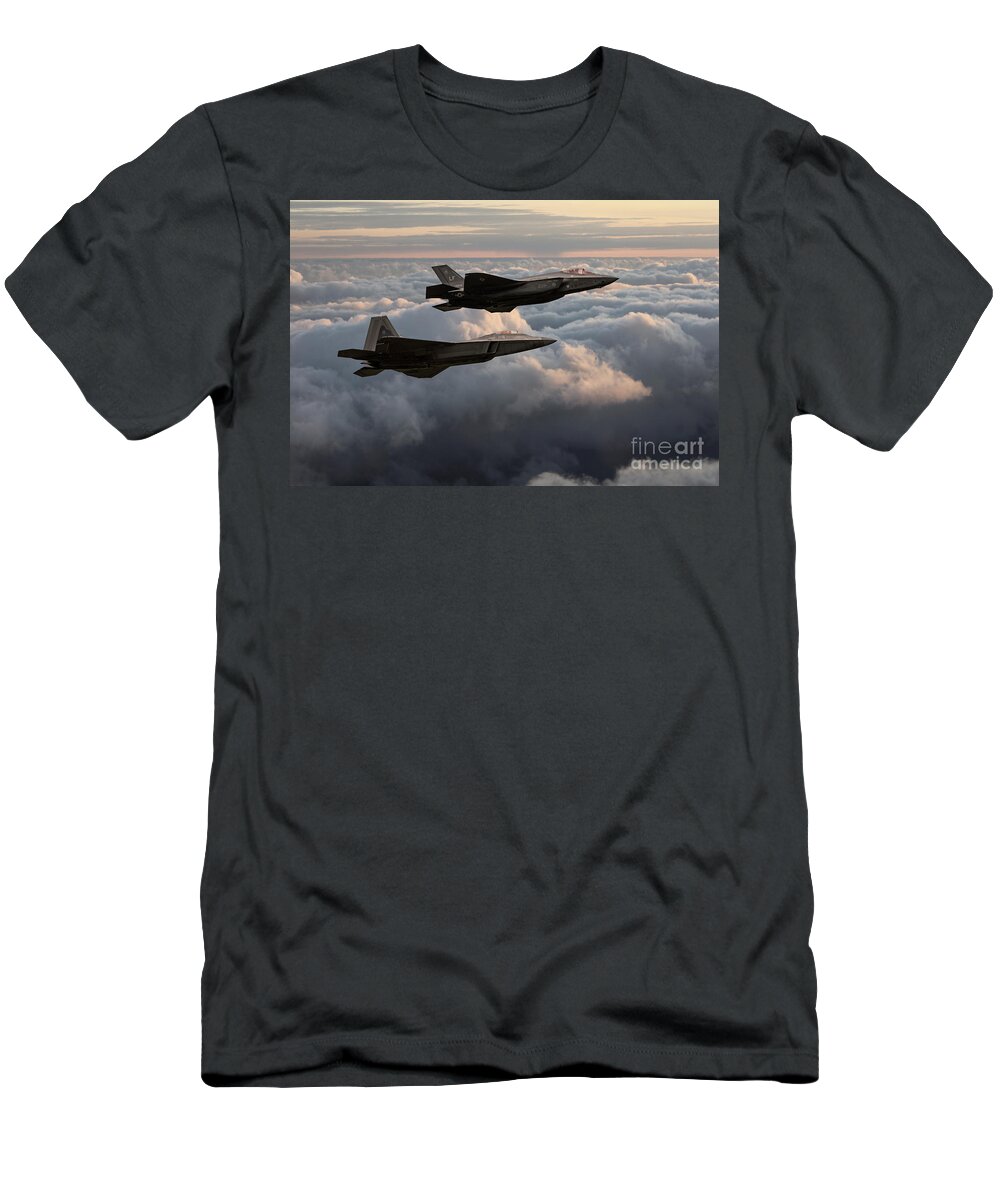 F35 And F22 T-Shirt featuring the digital art F22 with F35 by Airpower Art