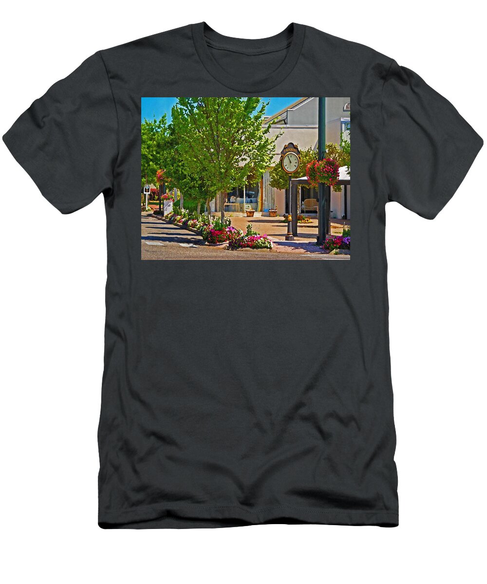 Fairhope T-Shirt featuring the painting Fairhope Ave with Clock looking North up Section Street by Michael Thomas