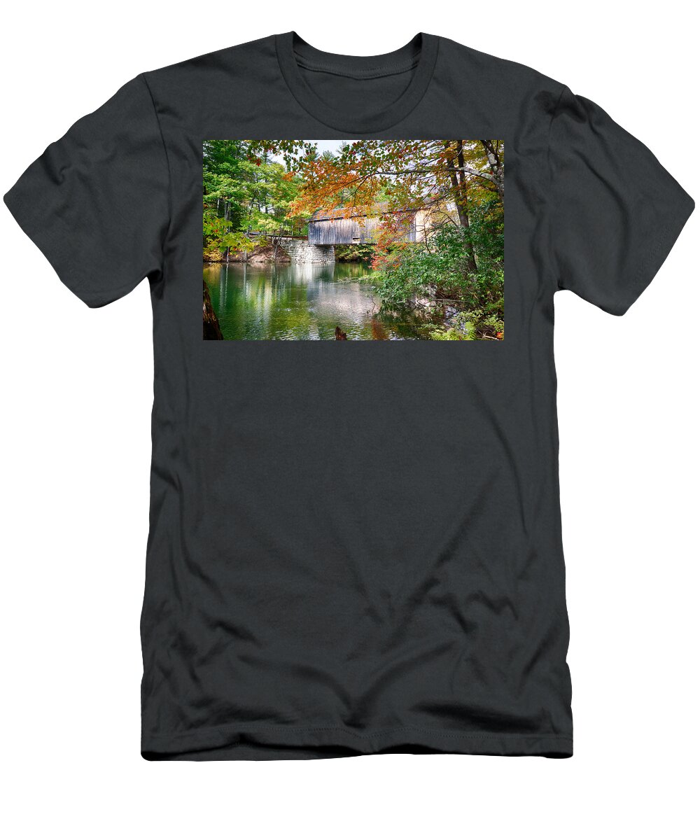 Autumn Foliage New England T-Shirt featuring the photograph Fall colors over the Babs covered bridge by Jeff Folger
