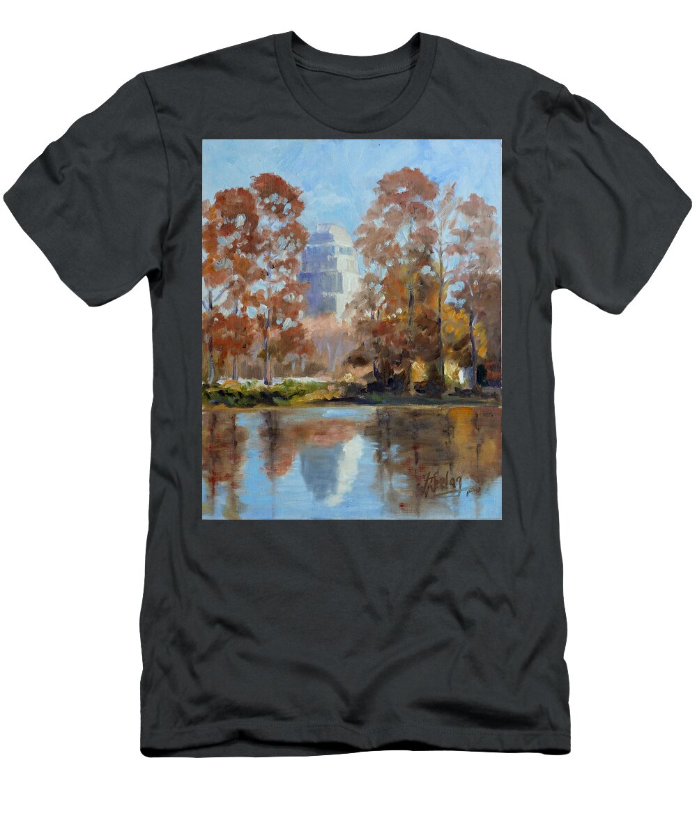 Chase Park Plaza T-Shirt featuring the painting Fall Reflections - Chase Park Plaza by Irek Szelag